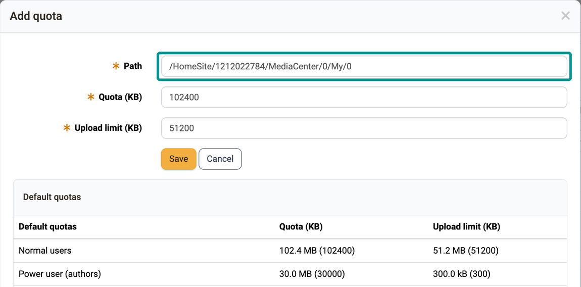 Field Path with the Media Center path of a person highlighted, below it Quota (KB), Upload limit (KB) and the list Default quotas, in the Add quota dialog of the Quotas tab