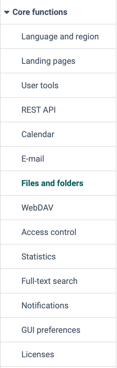 Selected entry Files and folders in the Core functions menu of the system administration, between E-mail and WebDAV