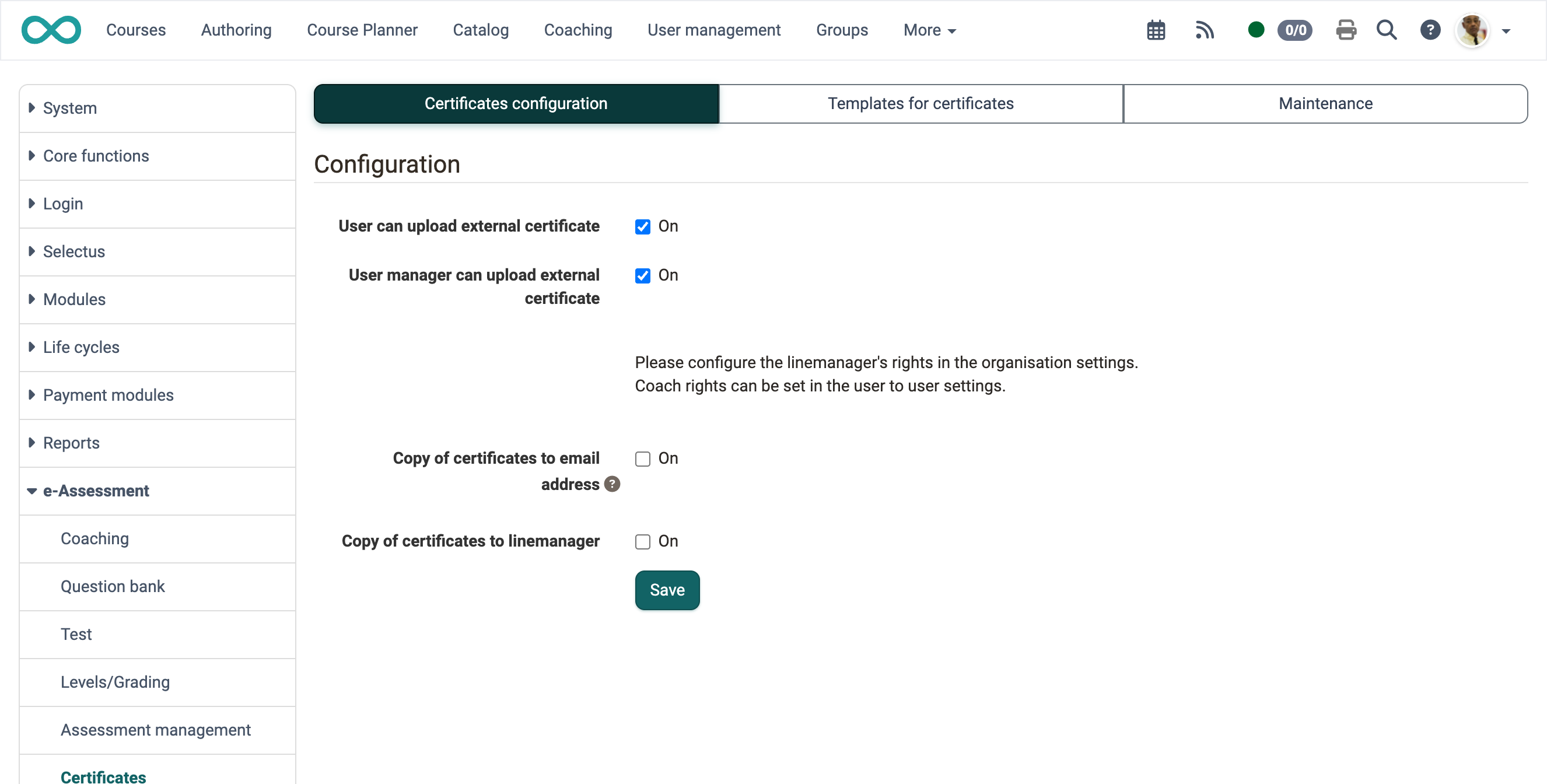 The switches for uploading external certificates by users and user managers, and for the copy to an email address or line manager, in the Certificates configuration tab