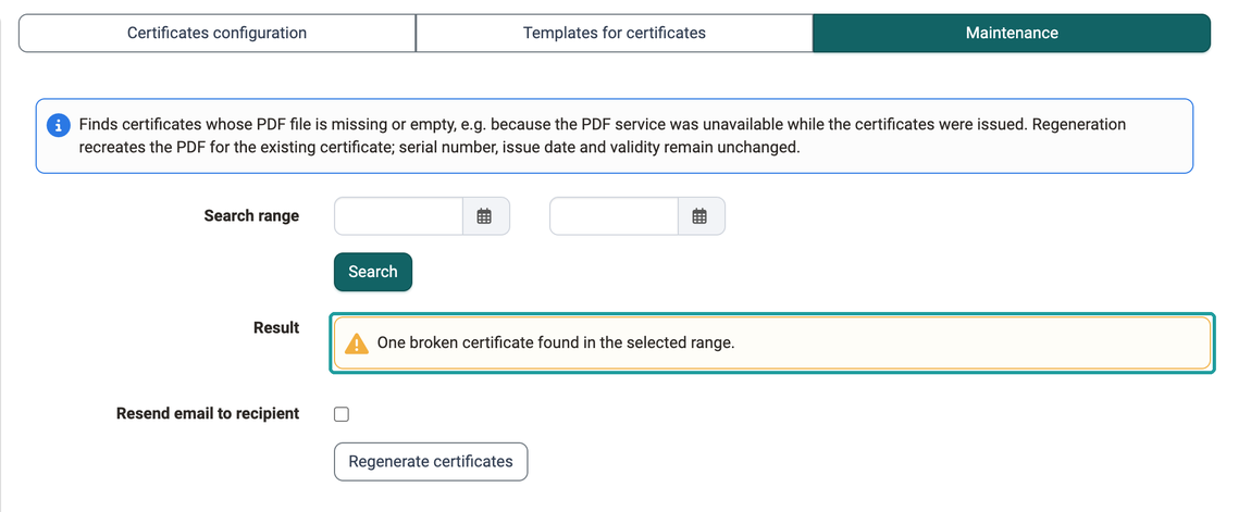 One broken certificate found, below it the checkbox for the repeated email and the button to regenerate, in the Maintenance tab