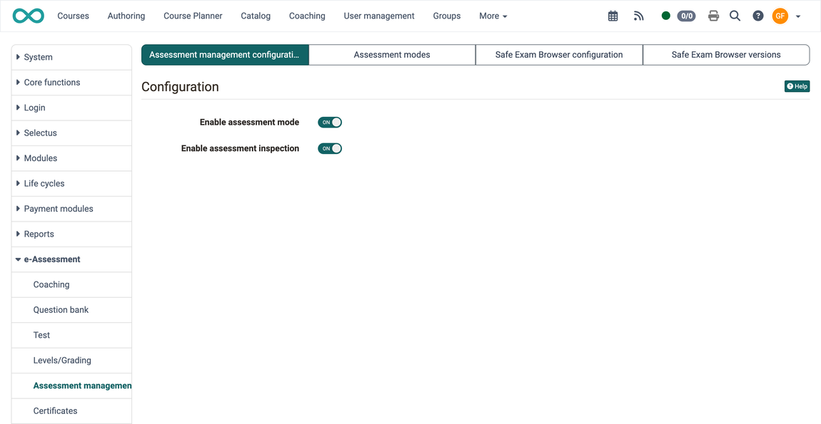 Switches Enable assessment mode and Enable assessment inspection, both switched on
