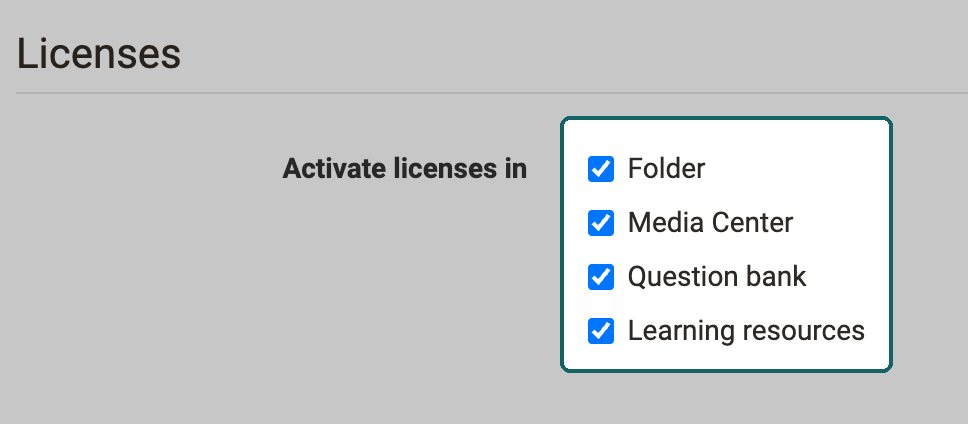 Highlighted checkboxes under Activate licenses in: Folder, Media Center, Question bank and Learning resources, all four switched on