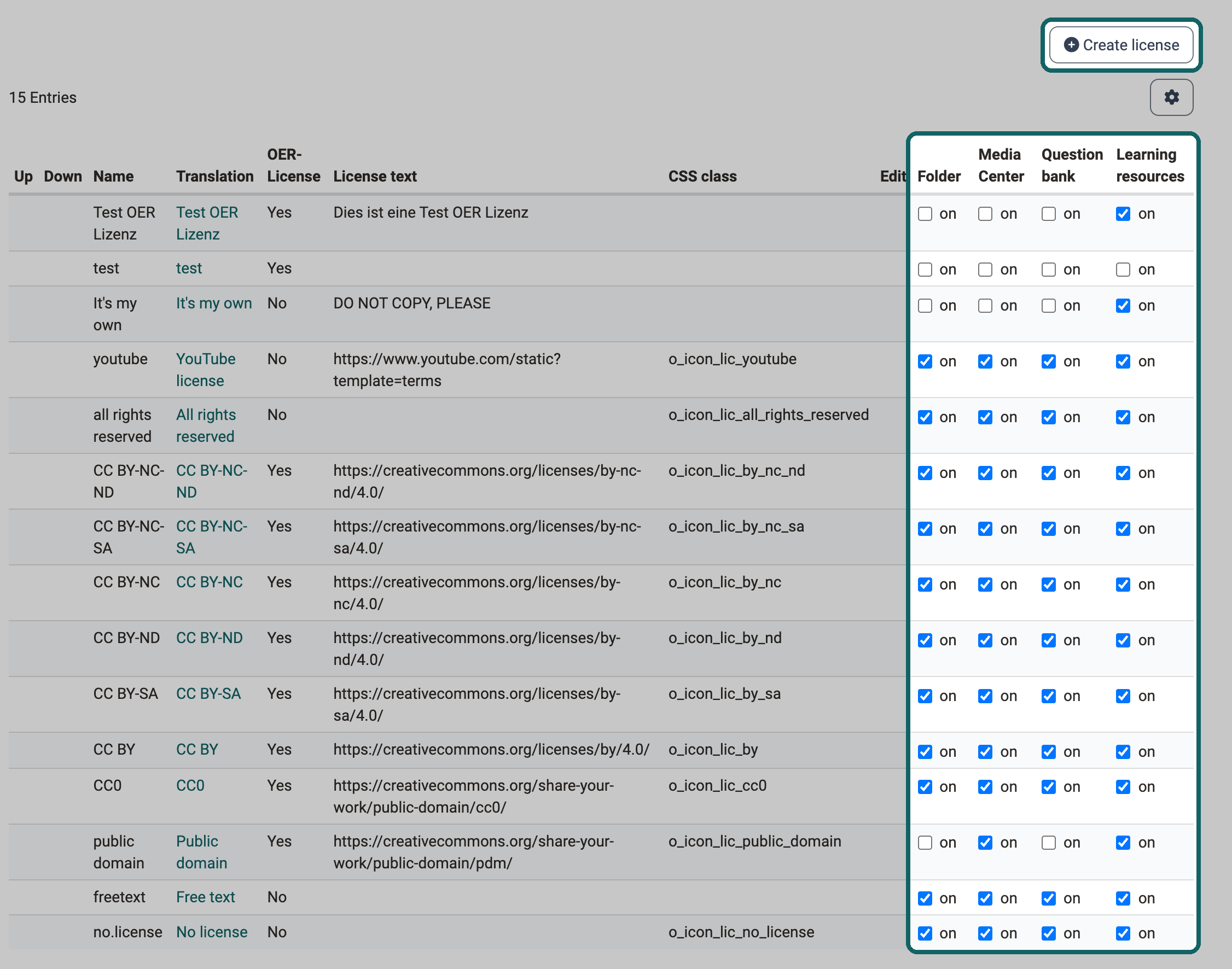 Highlighted button Create license and highlighted columns Folder, Media Center, Question bank and Learning resources, in which you switch each license type on or off per area