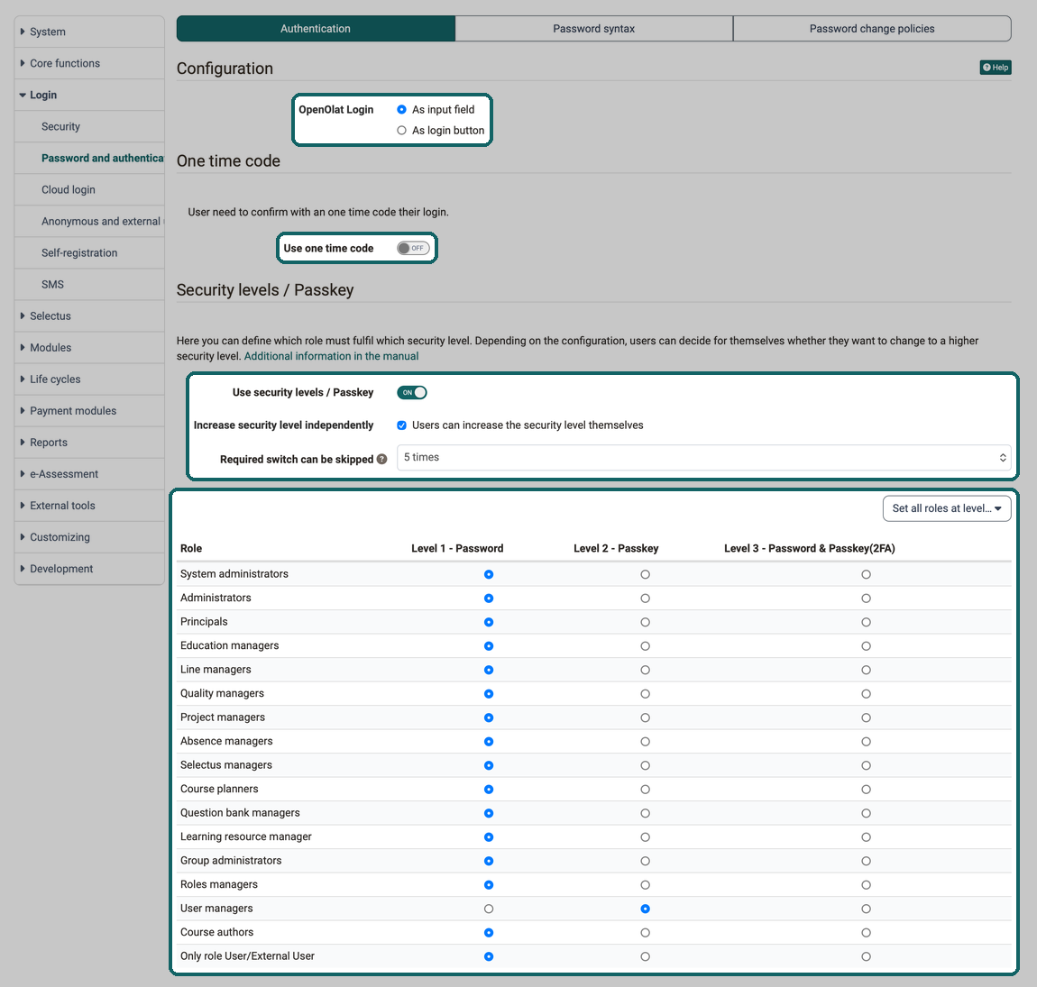 Authentication tab in the Administration · 2026.10.02 OpenOlat Login as input field or login button, Use one time code switch, passkey options and security level per role highlighted
