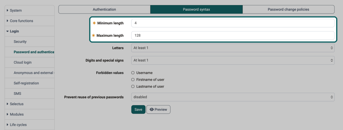 Password syntax tab in the Administration · 2026.10.02 Required fields Minimum length and Maximum length highlighted, below them rules for letters, digits, special signs and forbidden values