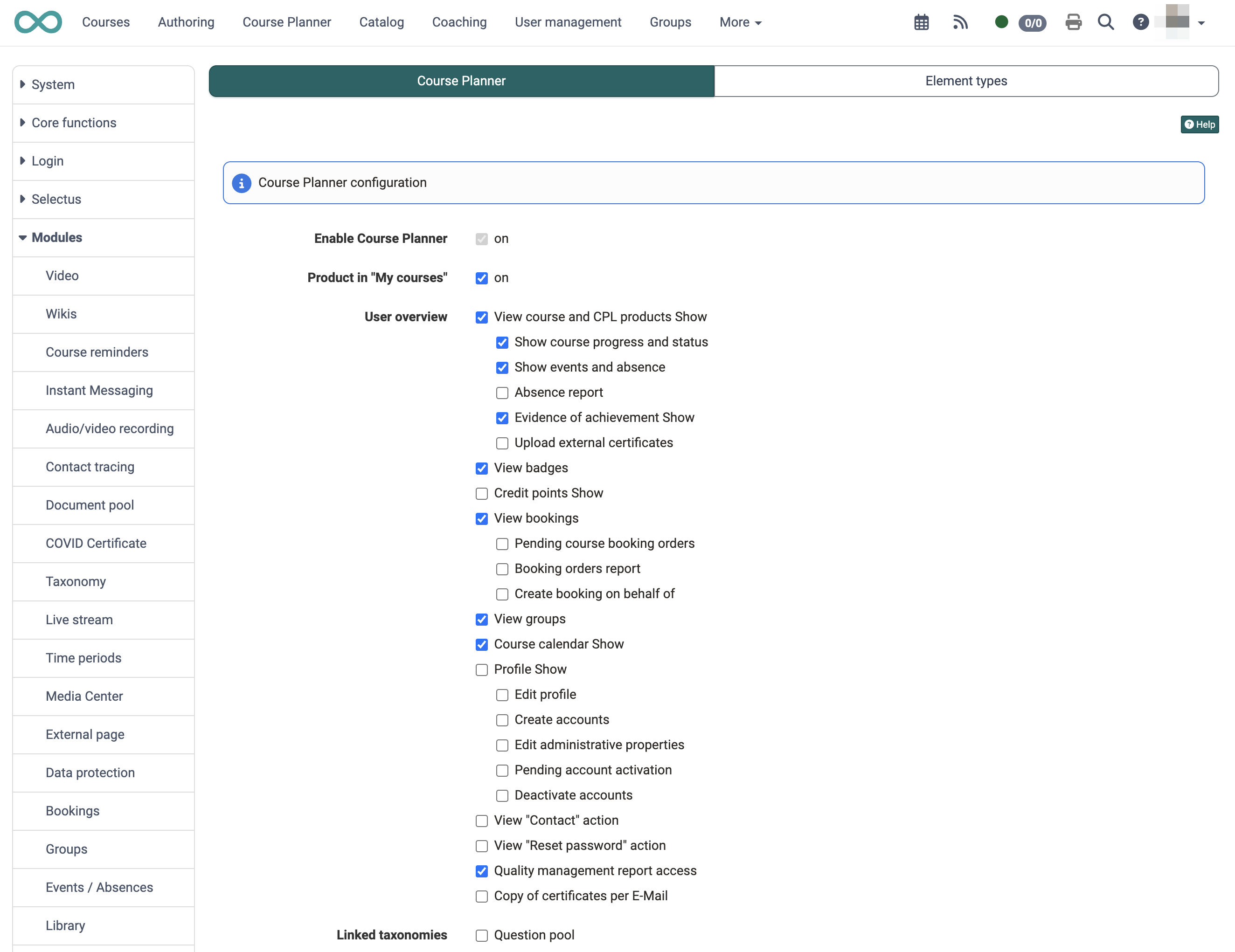 The "Course Planner" tab of the module configuration with the switch to turn it on, the option Product in "My courses", the option tree "User overview" and the linked taxonomies, in the system administration