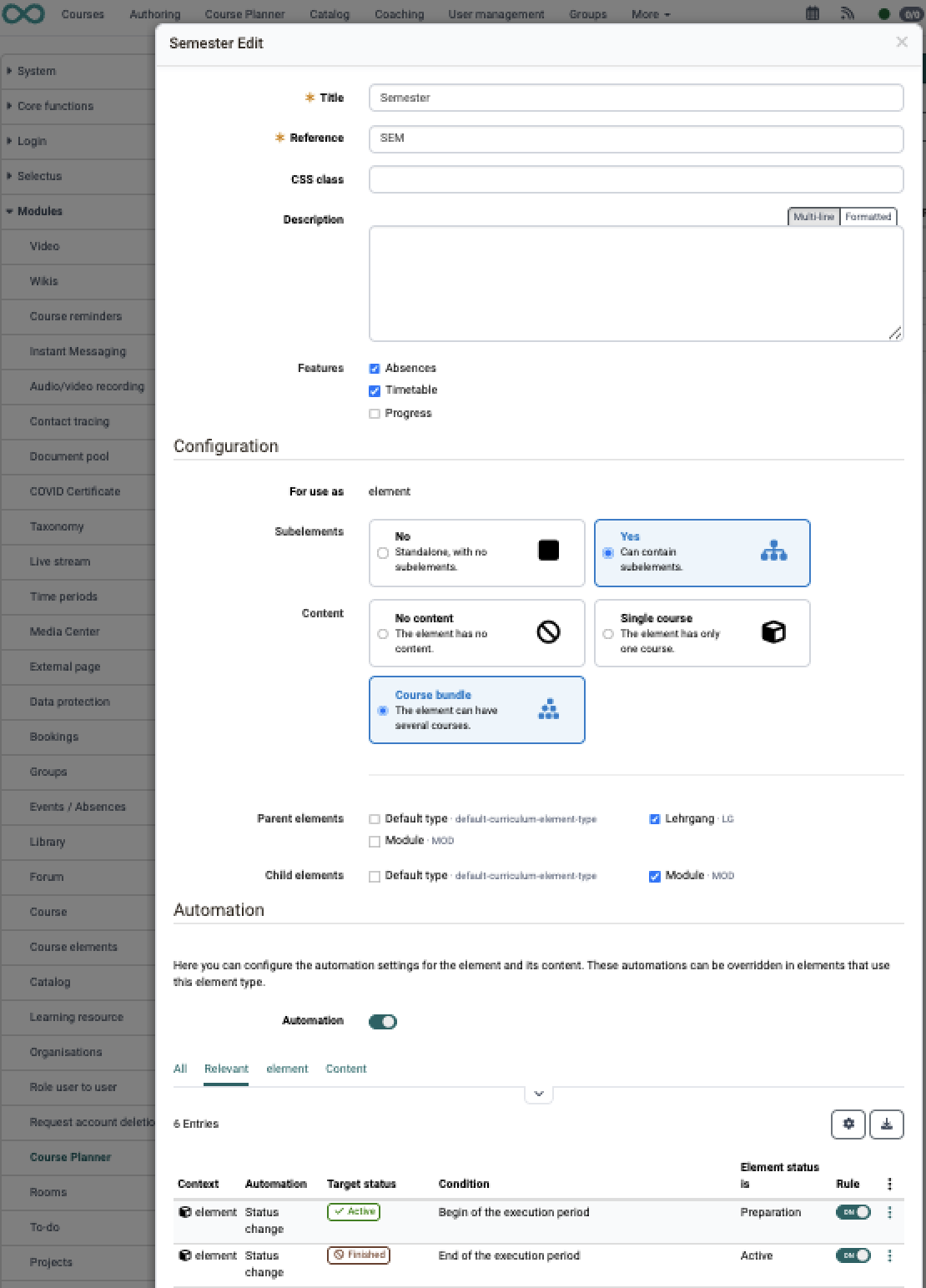 The Automation section in the dialog of an element type with the switch, the filters and the rule table of context, automation, target status, condition and required status, plus the parent and child elements, in the system administration