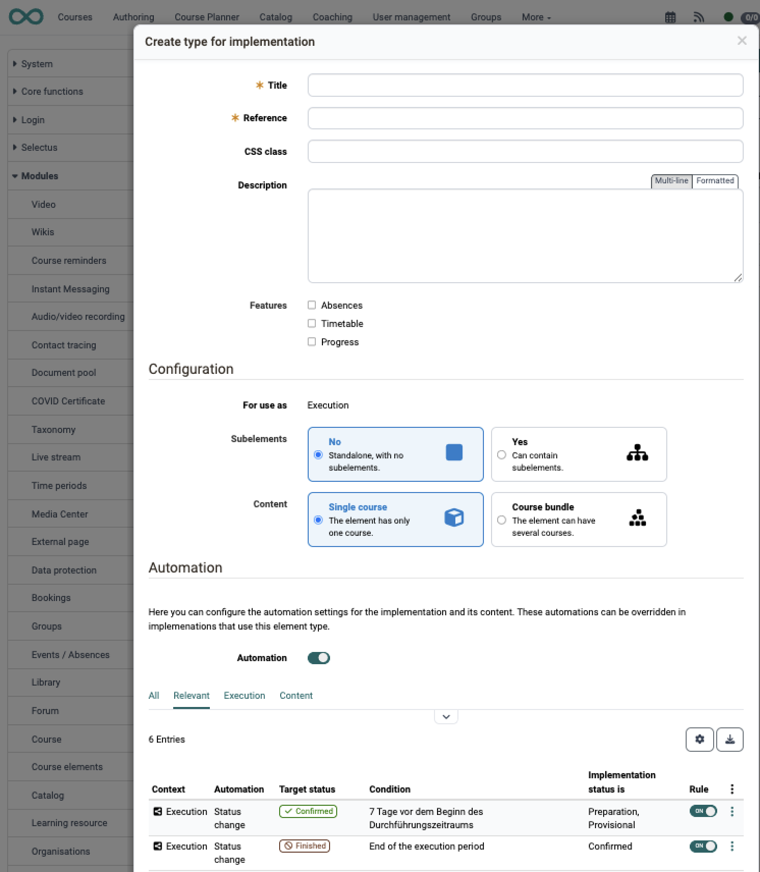 The dialog "Create type for implementation" with title, reference, description, the features and the configuration of subelements and content, in the system administration