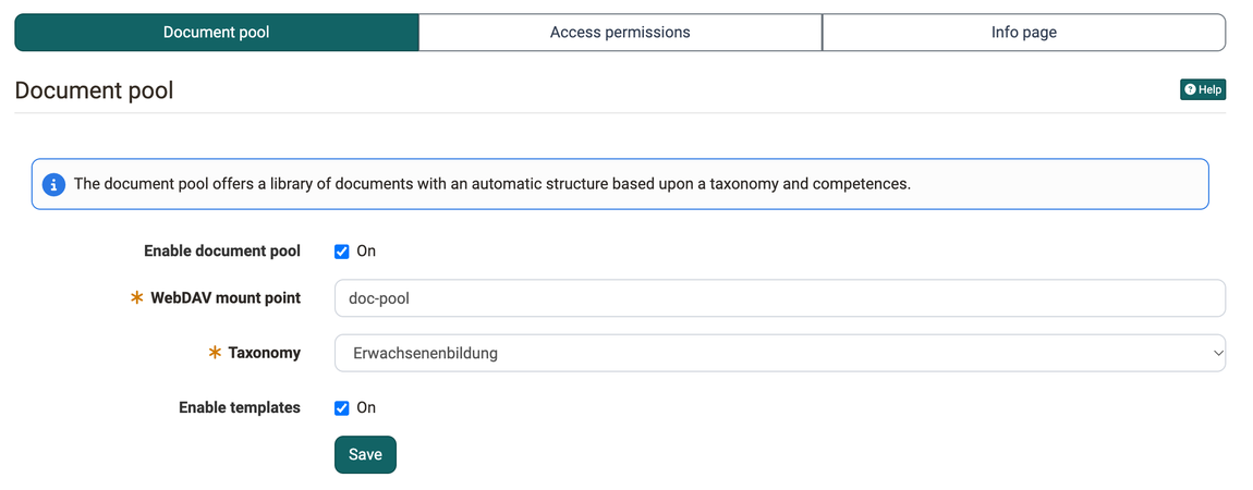 Checkbox Enable document pool, fields WebDAV mount point and Taxonomy, and checkbox Enable templates