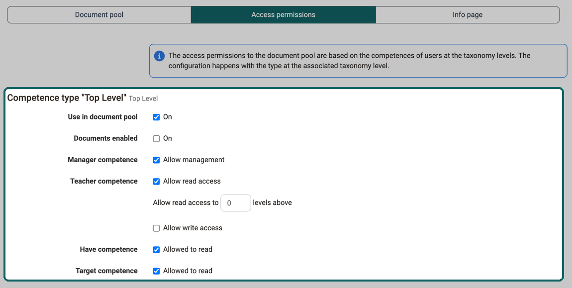 All options of a competence type, with the Teacher competence additionally levels above and write access