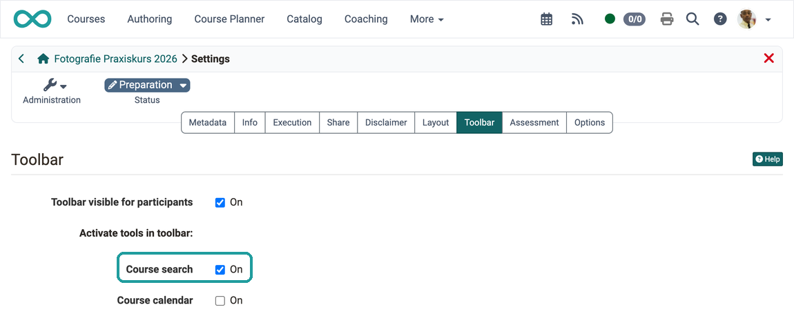 Course search checkbox activated and highlighted, Toolbar tab of the course settings