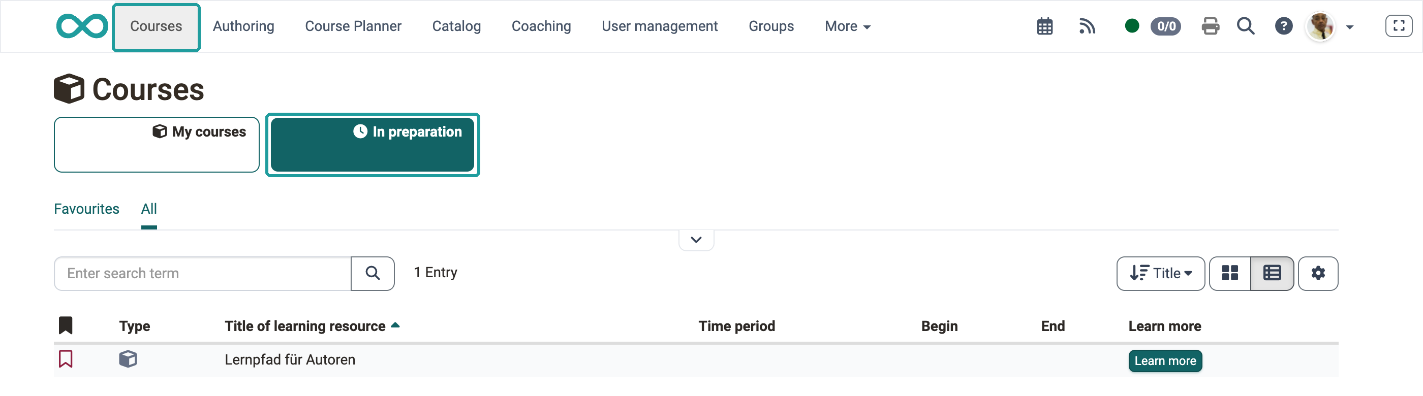 Scope "In preparation" activated, one course in preparation in the list, Courses area