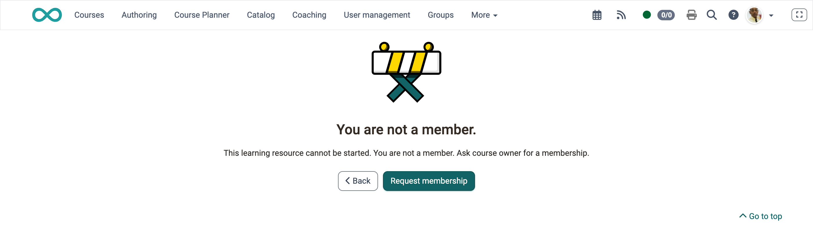 Notice page "You are not a member." with the Request membership button