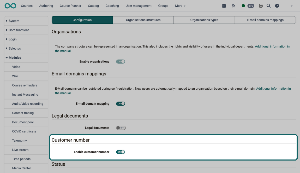 Activation of the Organisations module, the e-mail domain mapping, the legal documents and the customer number; the Customer number section is highlighted