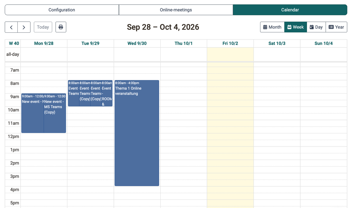 Week view with all Microsoft Teams online meetings, simultaneous meetings are shown side by side