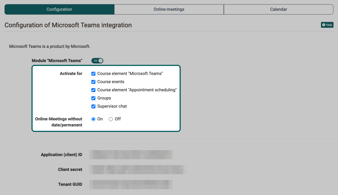 Module switched on, marked are Activate for with five places and Online-Meetings without date/permanent set to On, access data made unreadable