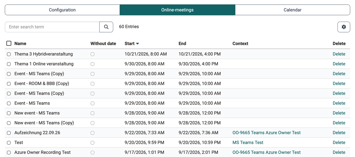 All online meetings of the instance with the context as a link to the course or group and Delete in each row, for some of the meetings the context remains empty