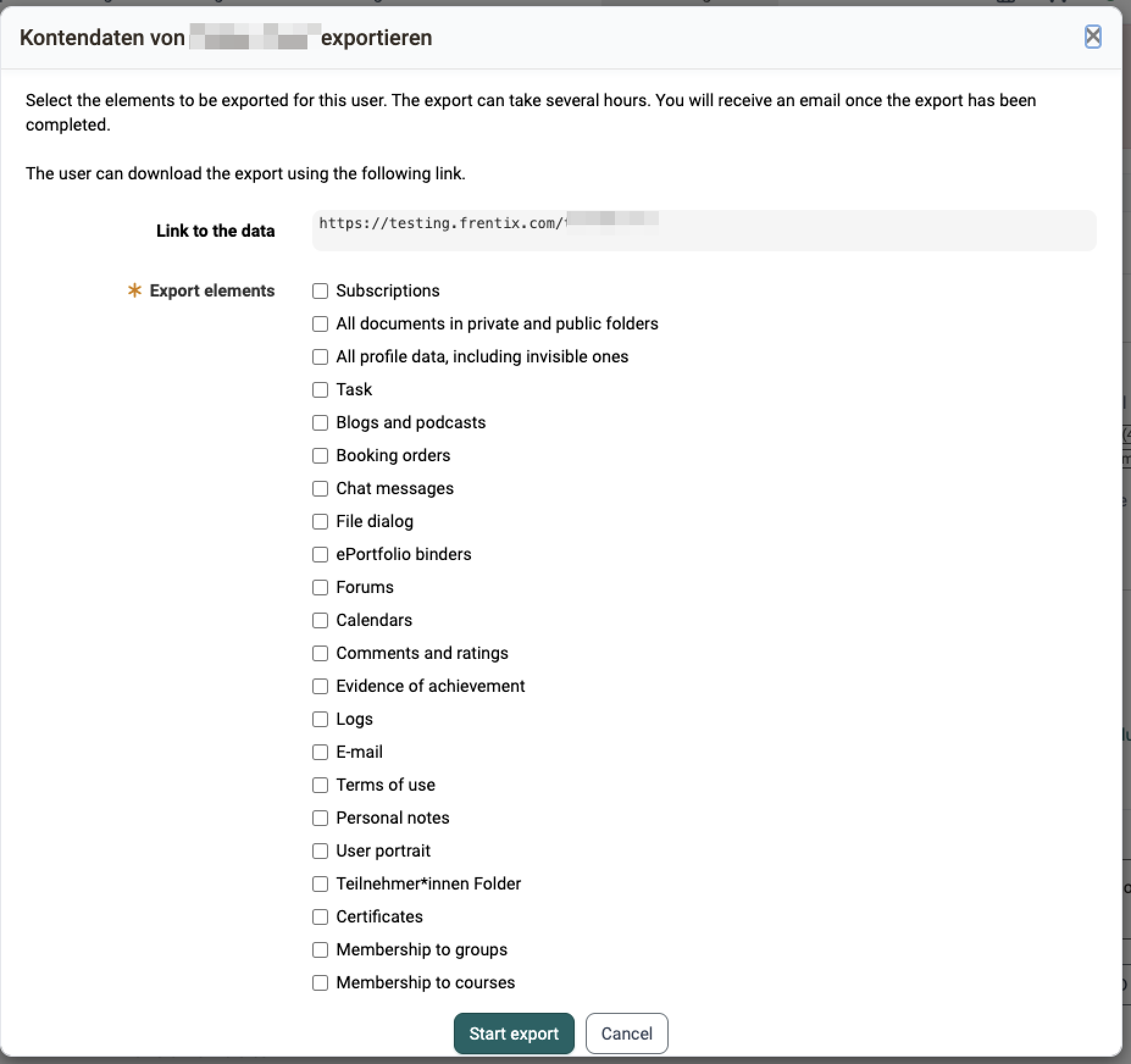 Mandatory field Export elements with 22 check boxes, above it the link to the data, below it Start export, in the export dialog