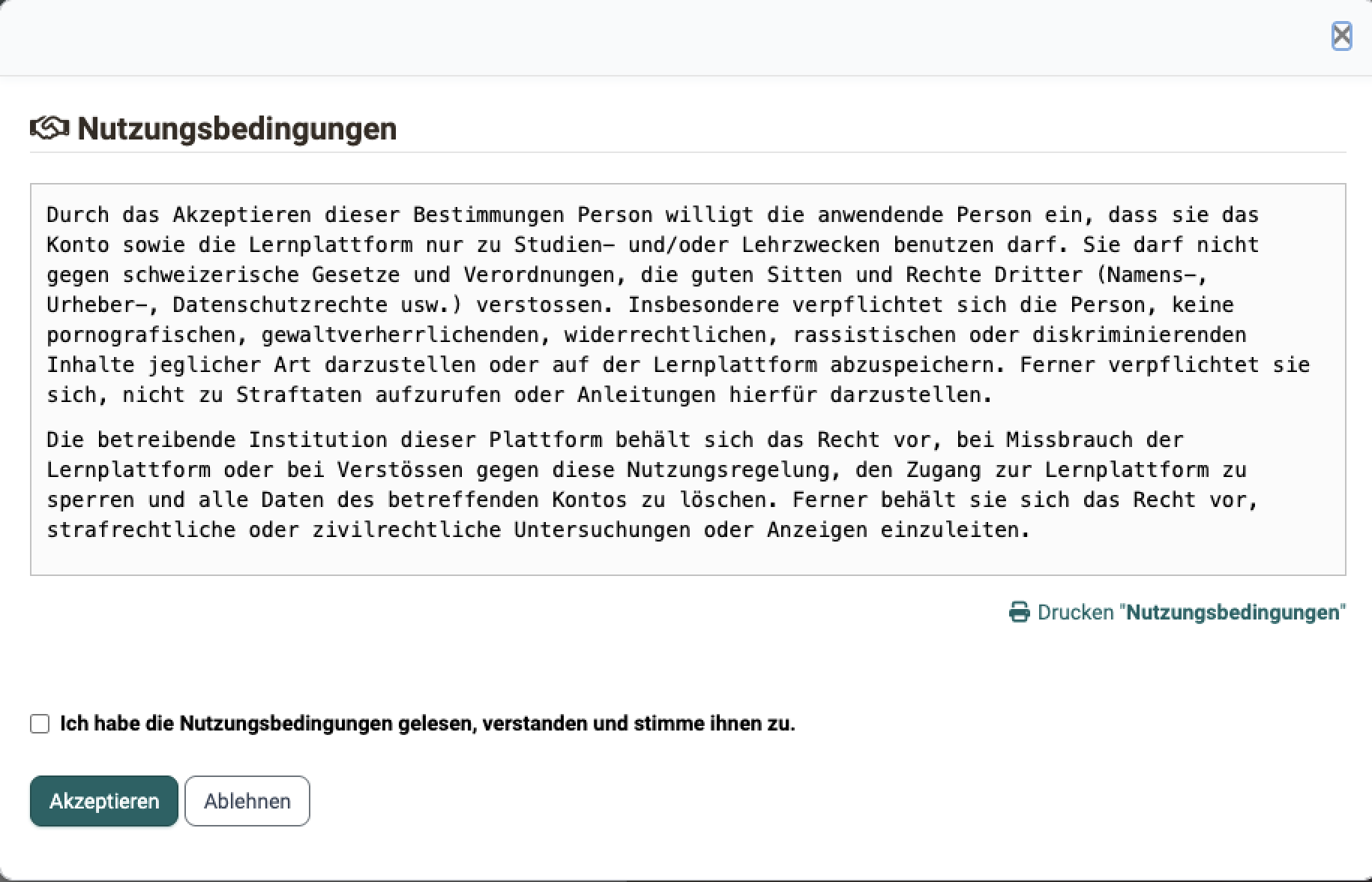 Print link below the terms text on the right, below it a check box and the Accept and Reject buttons, in the terms of use dialog shown when signing in