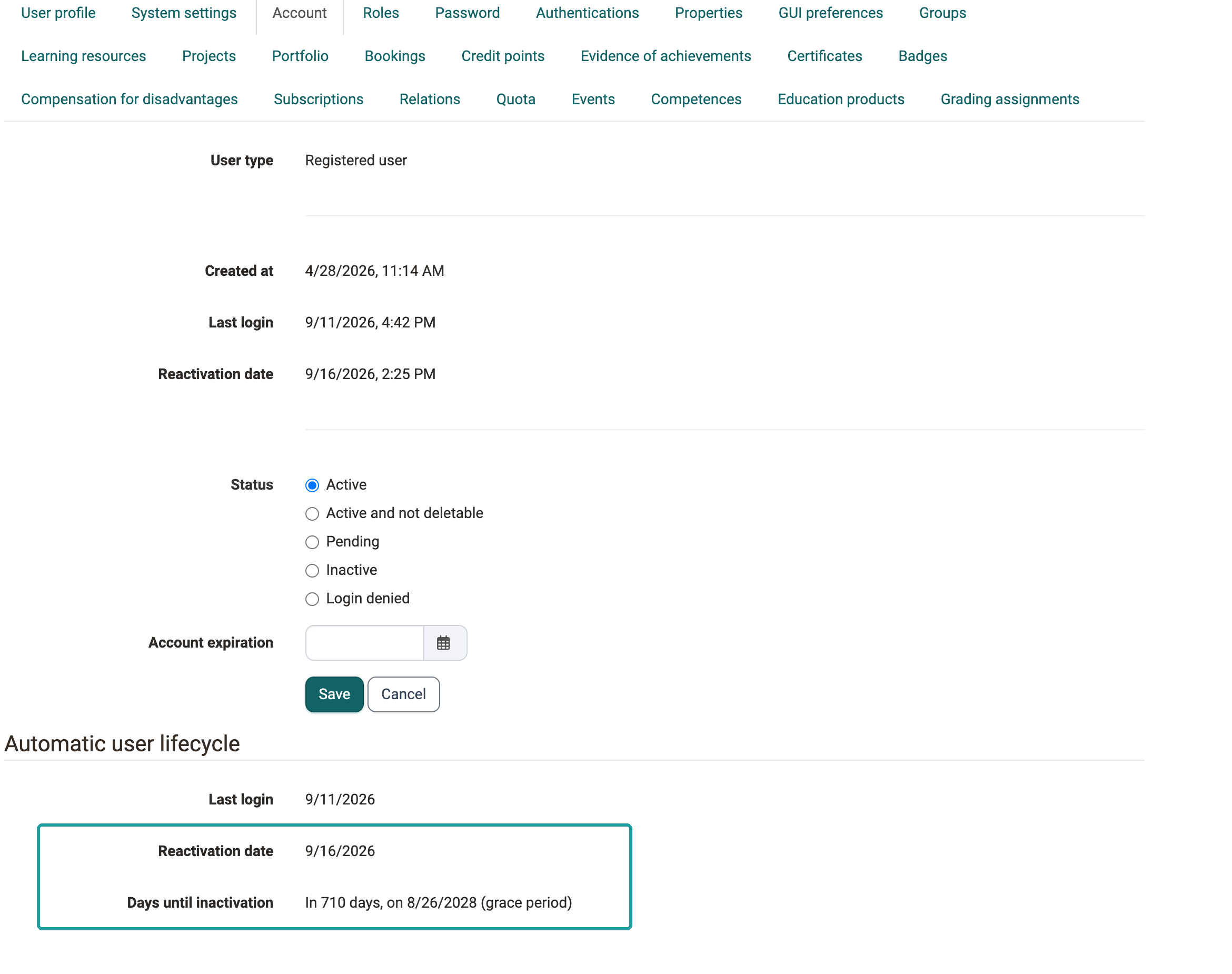 Reactivation date 9/16/2026 and the period "In 710 days, on 8/26/2028 (grace period)": Account tab of a reactivated account