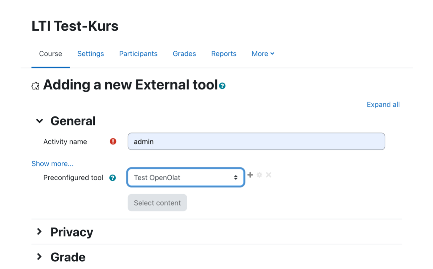 Selected preconfigured tool in the Preconfigured tool field