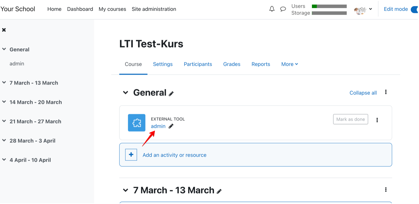 The embedded external tool as a link in the General course section