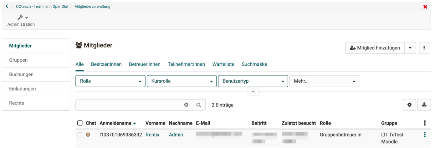 Newly created account with the role group coach in the group LTI: fxTest Moodle
