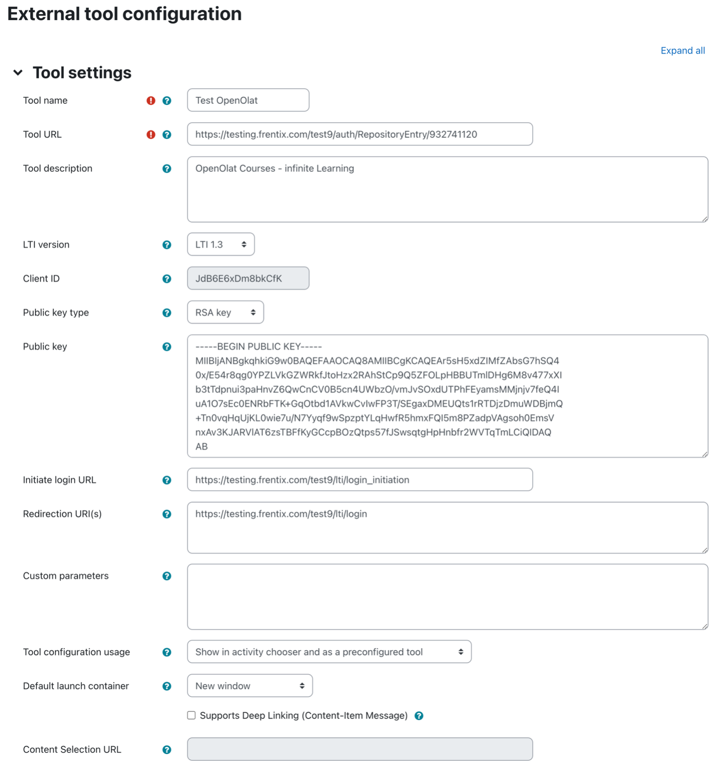 Completed form with Tool URL, LTI version, public key, initiate login URL and redirection URL