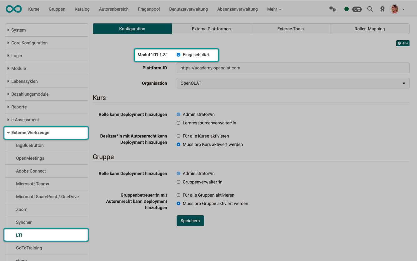 Switched-on module LTI 1.3 with platform ID and organisation, below it the roles allowed to add a deployment
