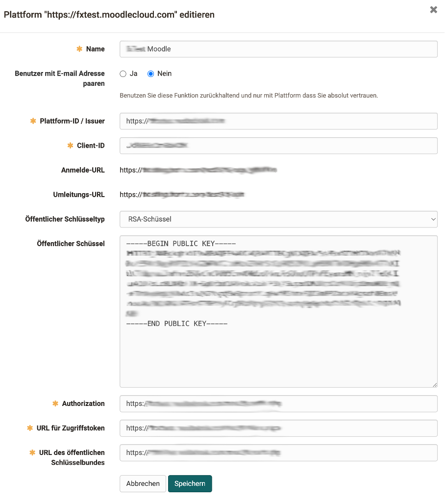 Completed form with name, platform ID, client ID, public key and the three URLs from Moodle