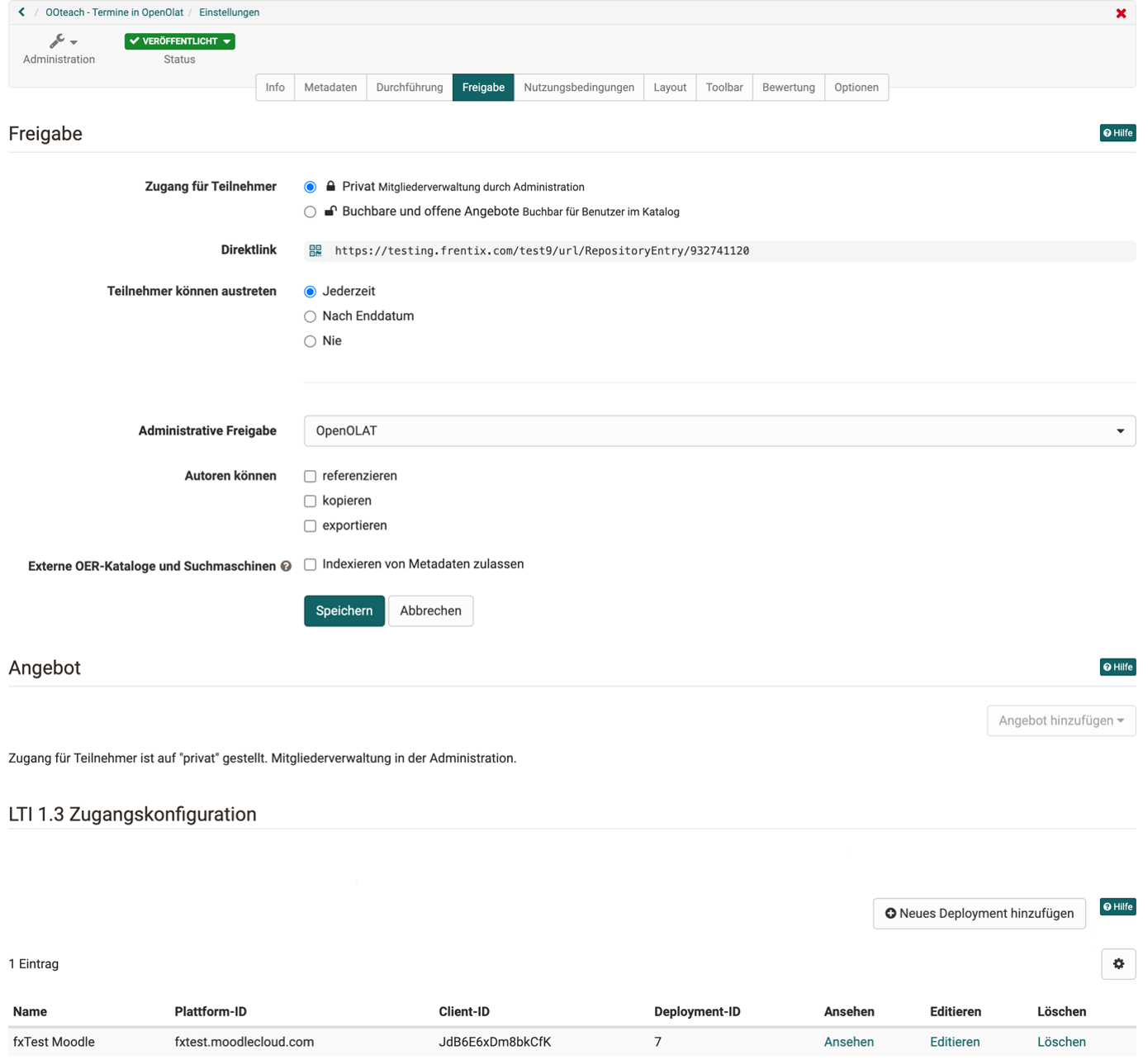 LTI 1.3 access configuration section with the Add deployment button and the configured deployment