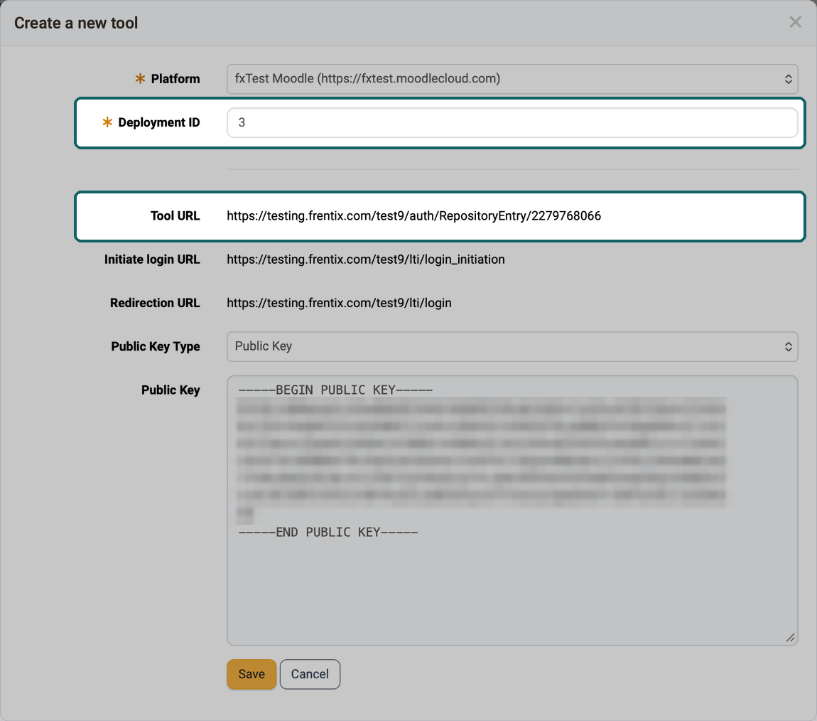 Marked fields Deployment ID and Tool URL, the Tool URL pre-filled with the address of the course