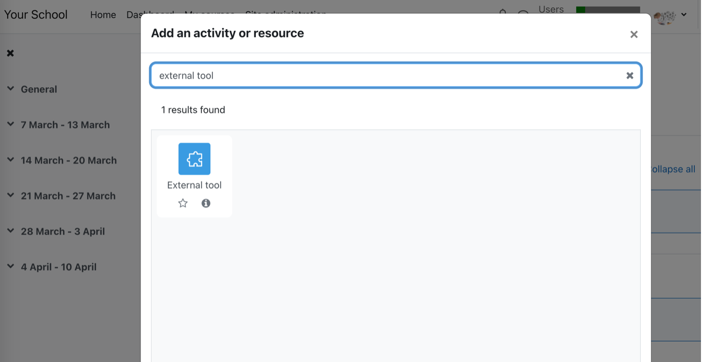 Search for External tool with one result, for adding an activity