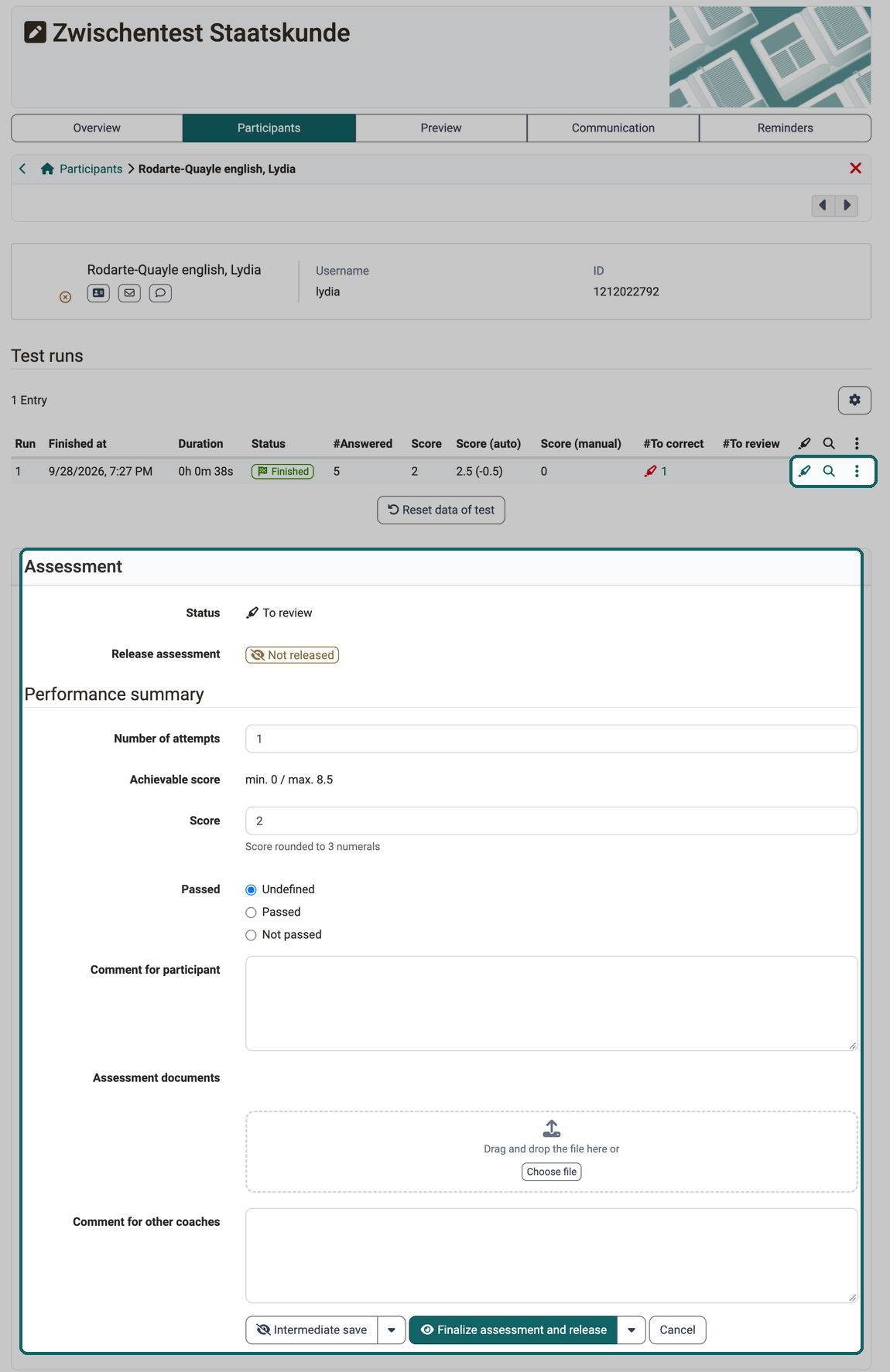 Icons Correct, View results and More actions at the test run, below it the assessment form