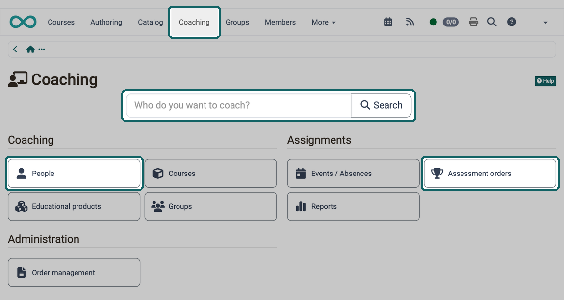 Coaching site in the main navigation, search field and the tiles People and Assessment orders marked