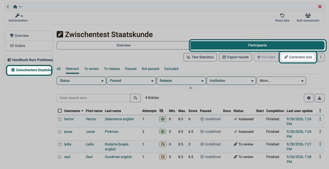 Course element, tab Participants and button Correction tool above the list marked