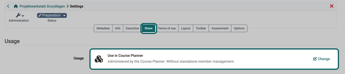 In the Share tab of the course settings, the Usage section shows that the course is set to Use in Course Planner, you switch the usage with the Change button