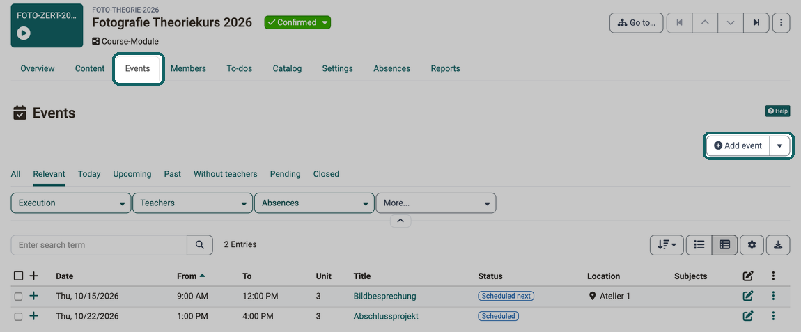 In the Events tab of an implementation, the planned events are listed, with the Add event button to the right above the table you create further ones
