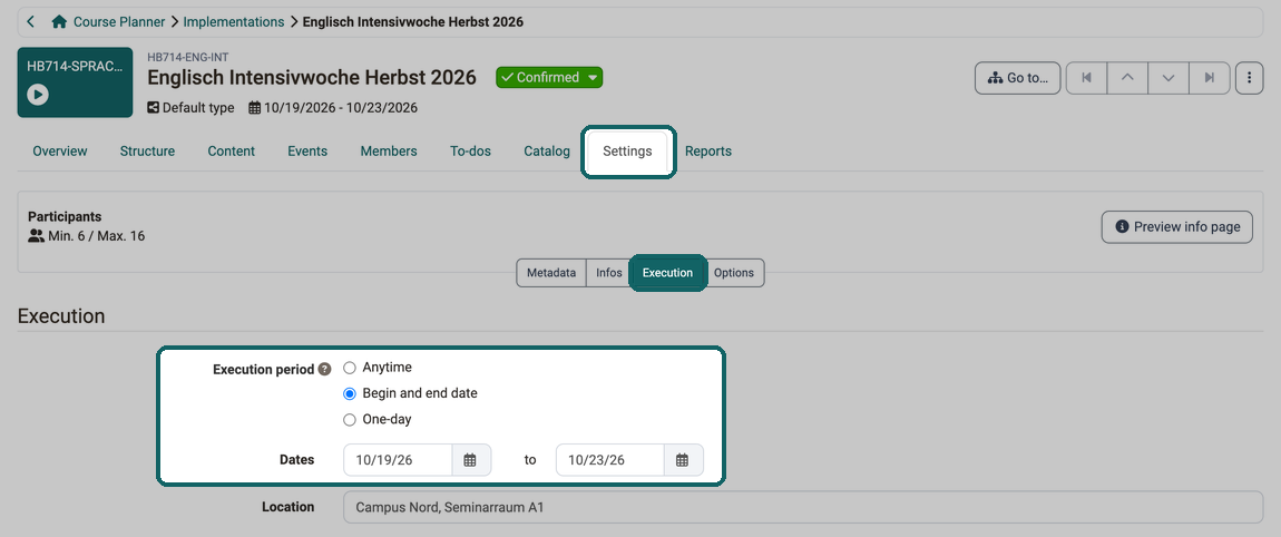 In the Settings tab, sub-tab Execution, you choose Anytime, Begin and end date or One-day for the execution period and enter the dates in the Dates field