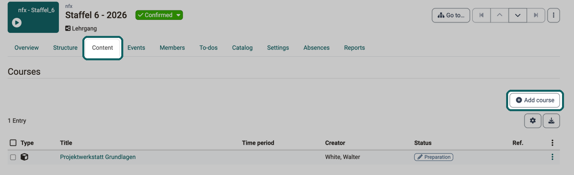 The Content tab of an implementation lists the courses included, you add more with the Add course button