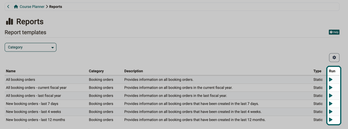 On the Reports page of the Course Planner, you create a report from the desired template for booking orders with the arrow in the Run column