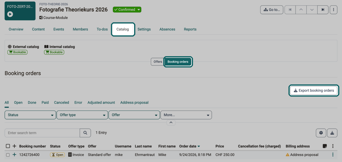 In the Catalog tab of an implementation, the Booking orders section shows all booking orders received, the Export booking orders button gives you them as an Excel file