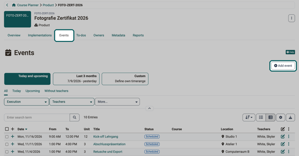 The Events tab of a product lists the events of all implementations, you add more with the Add event button
