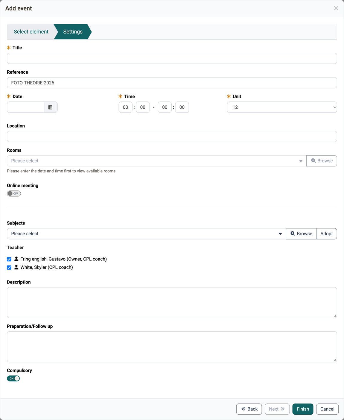 In the Settings step, you enter all details of the event, from title, date, time and unit through location, rooms, online meeting and subjects to teacher and compulsory attendance