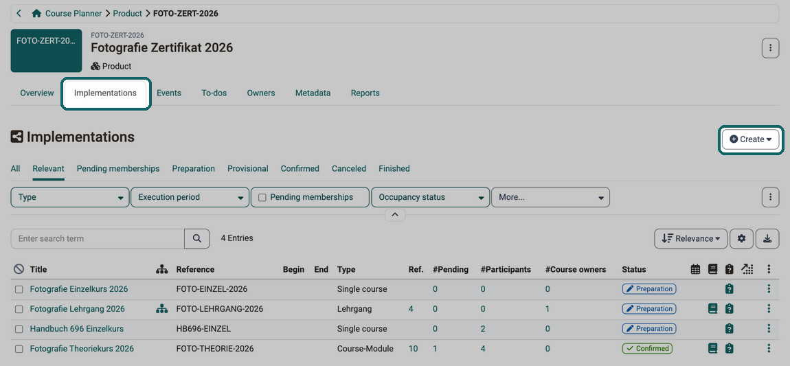 In the Implementations tab of a product, you add a new implementation with the Create button, below it are the implementations already planned
