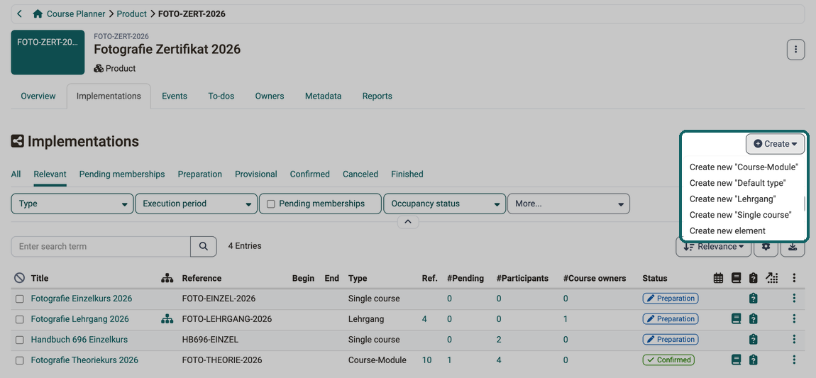 The opened Create menu offers one entry per element type, such as Create new "Lehrgang", plus Create new element