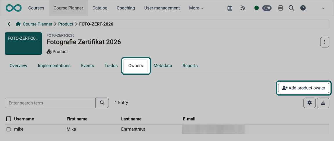 In the Owners tab of a product, you add further responsible persons with the Add product owner button, the list shows the current owners