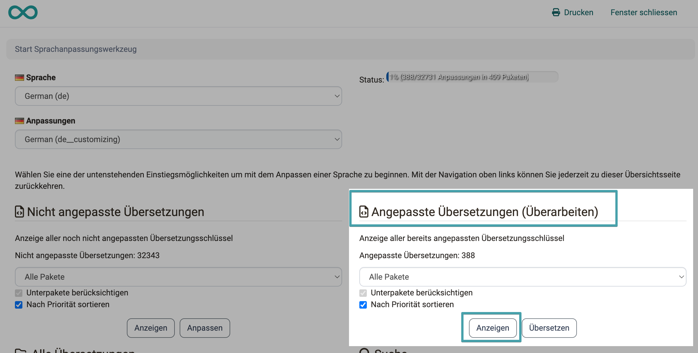 Entry point Adapted translations on the start page Block Adapted translations (revision) with 388 adaptations, the button Show highlighted