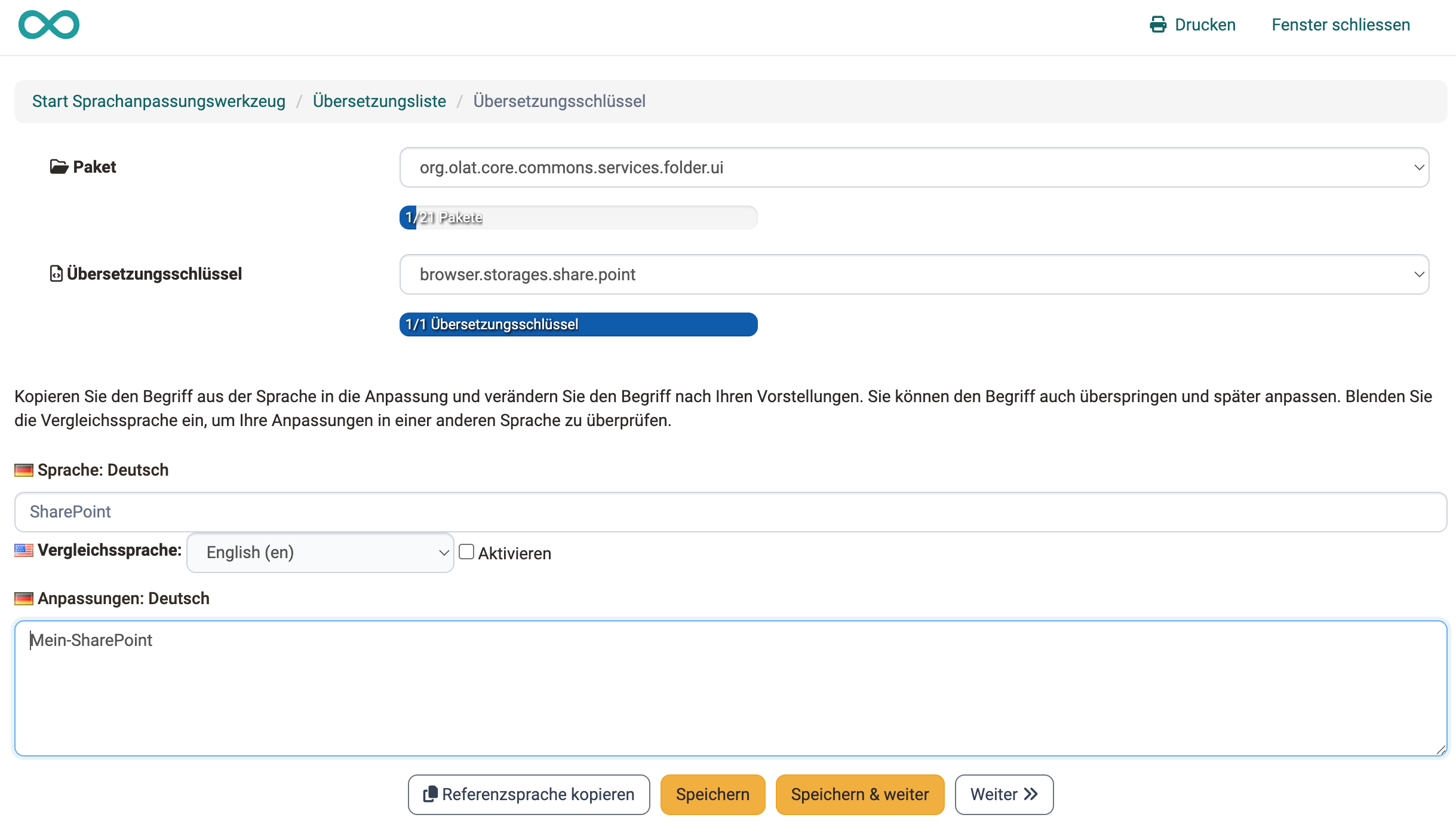 Editing screen of an adaptation Standard text SharePoint and adaptation Mein-SharePoint, below the buttons Save & next and Next