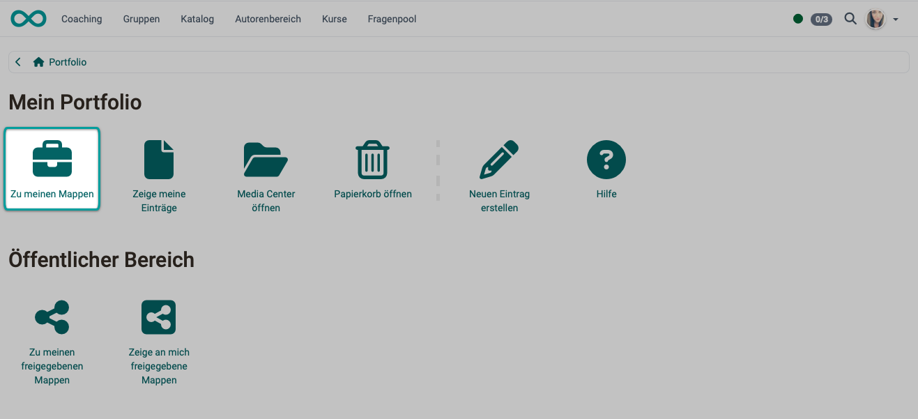 Icon Go to my binders highlighted, next to it Show my entries, Open media center and Go to trash